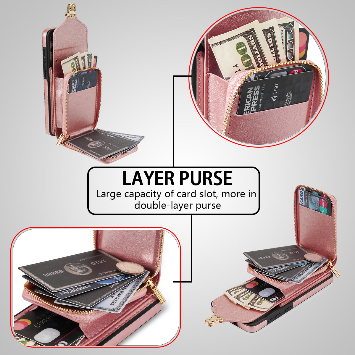 For Samsung Galaxy S24 PU Leather Case Card Holder Zipper Pocket Kickstand Phone Cover - Rose Gold