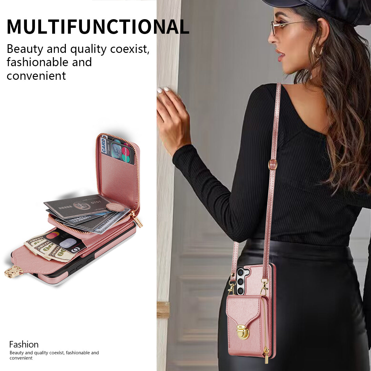 For Samsung Galaxy S24 PU Leather Case Card Holder Zipper Pocket Kickstand Phone Cover - Rose Gold