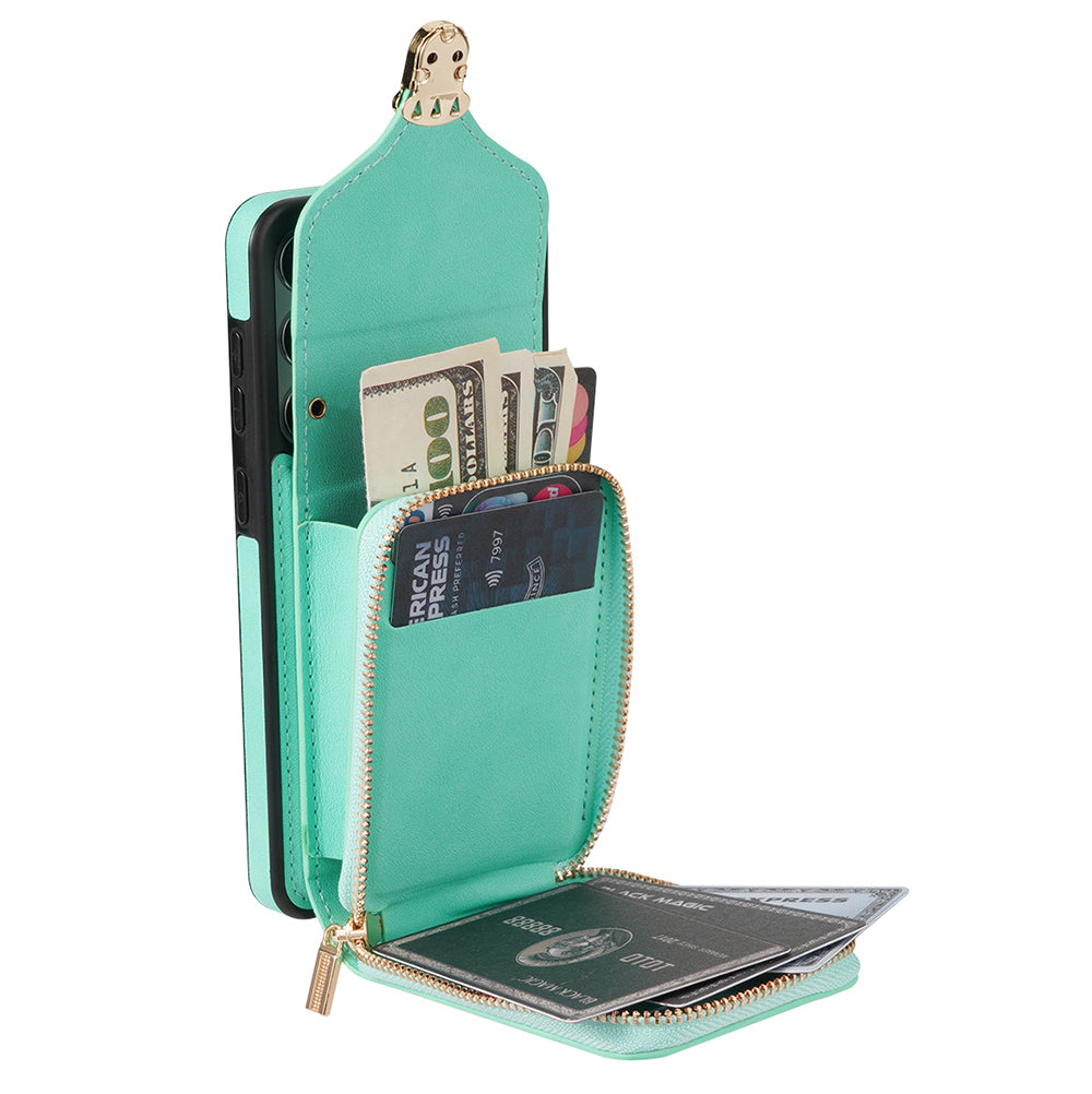 For Samsung Galaxy S24 PU Leather Case Card Holder Zipper Pocket Kickstand Phone Cover - Mint Green