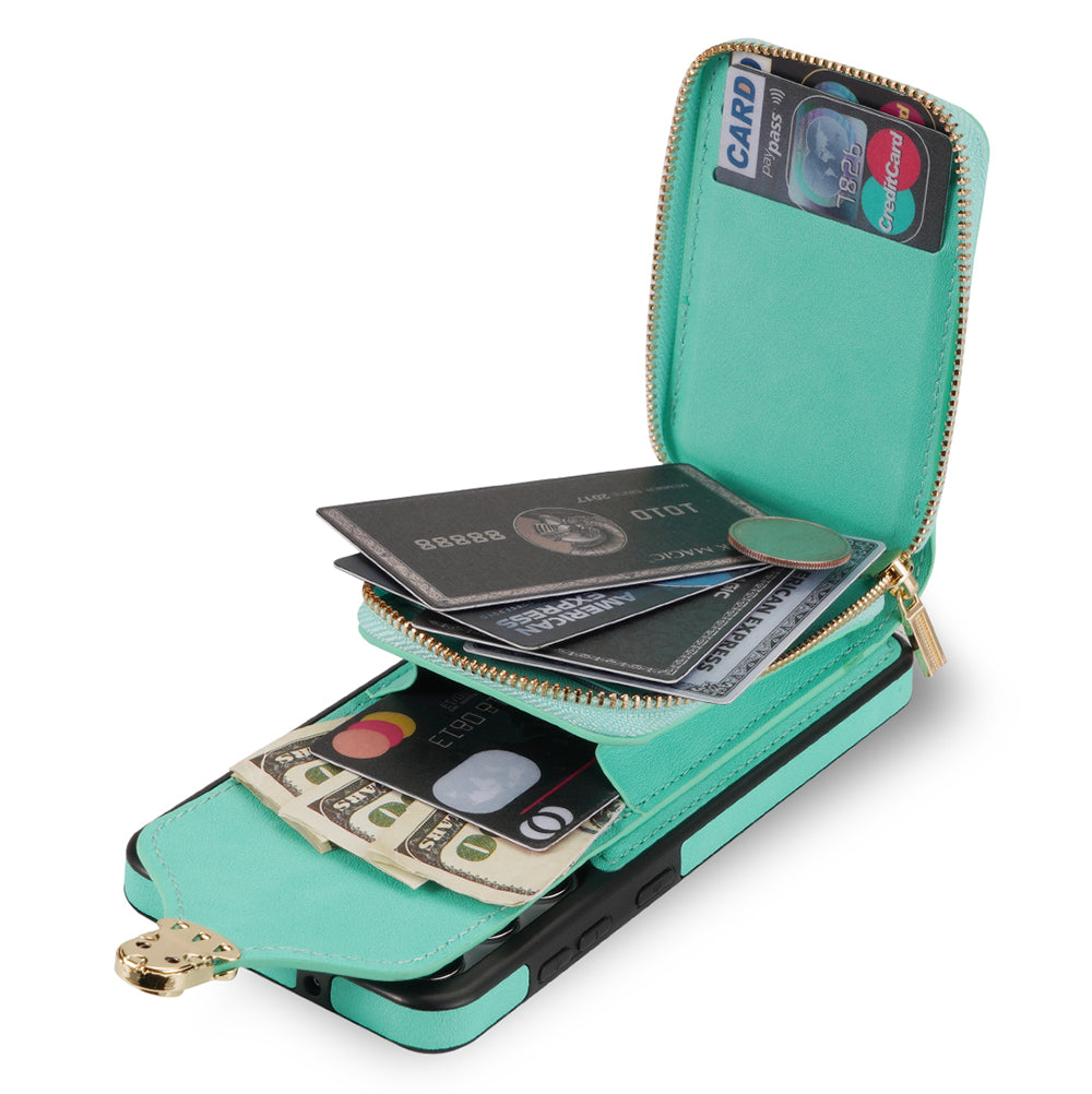 For Samsung Galaxy S24 PU Leather Case Card Holder Zipper Pocket Kickstand Phone Cover - Mint Green