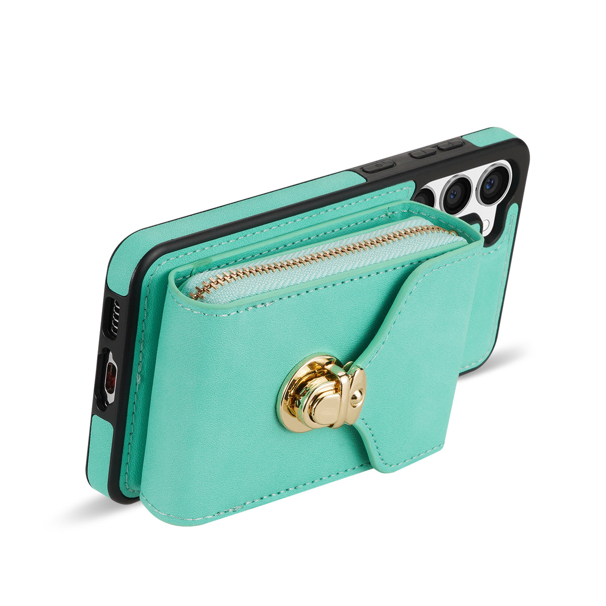 For Samsung Galaxy S24 PU Leather Case Card Holder Zipper Pocket Kickstand Phone Cover - Mint Green
