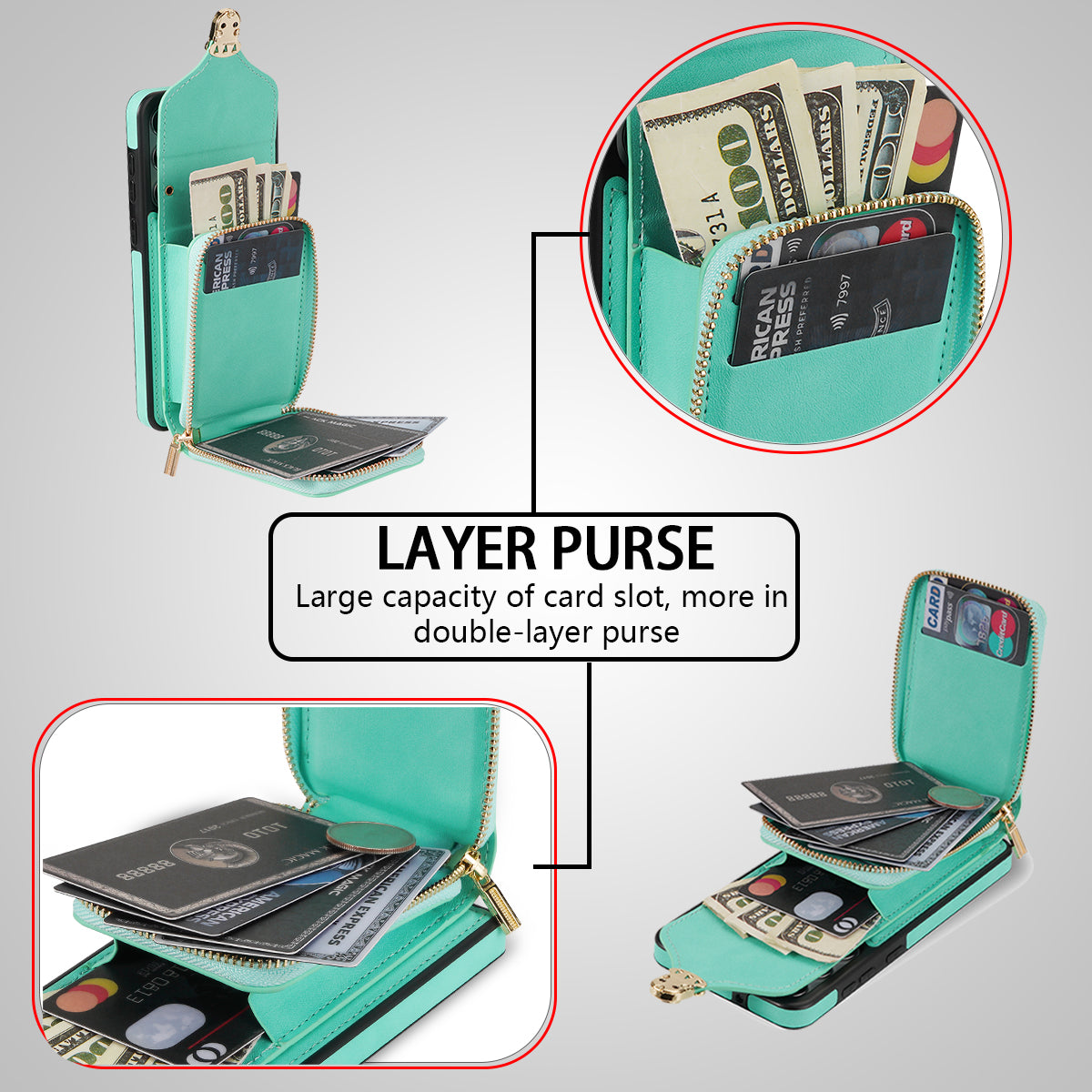 For Samsung Galaxy S24 PU Leather Case Card Holder Zipper Pocket Kickstand Phone Cover - Mint Green