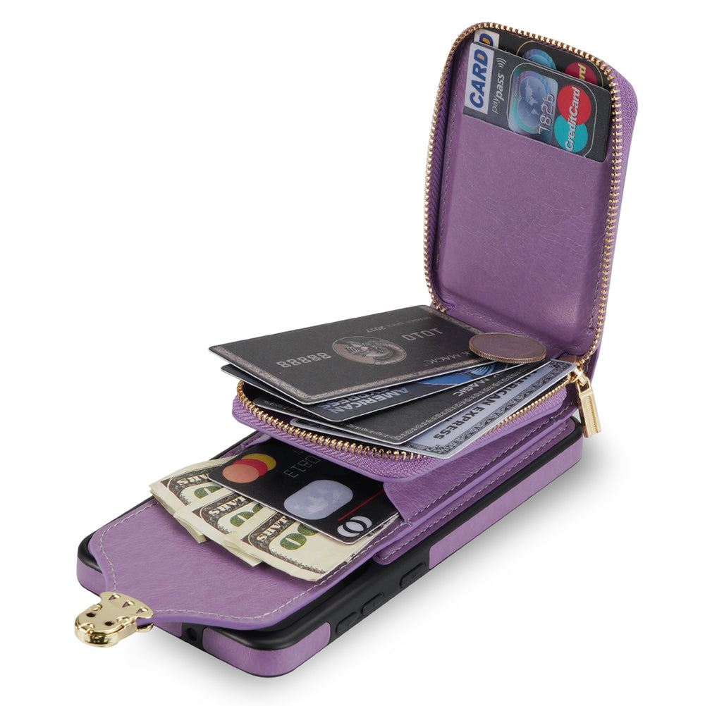 For Samsung Galaxy S24 PU Leather Case Card Holder Zipper Pocket Kickstand Phone Cover - Purple