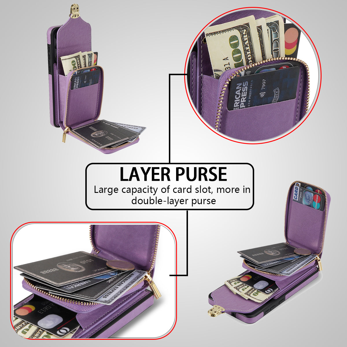 For Samsung Galaxy S24 PU Leather Case Card Holder Zipper Pocket Kickstand Phone Cover - Purple