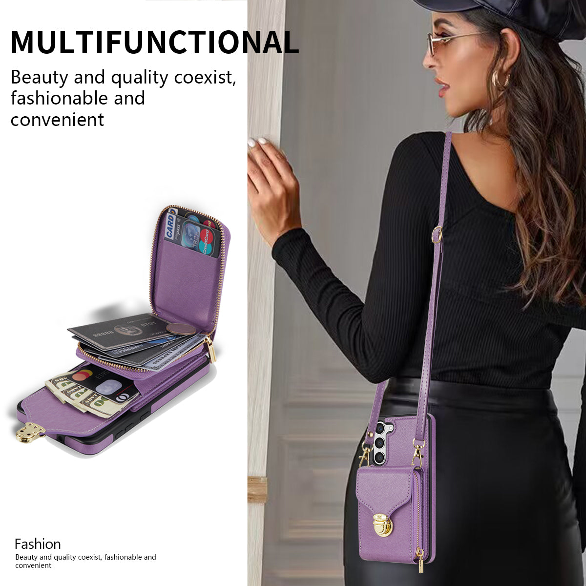 For Samsung Galaxy S24 PU Leather Case Card Holder Zipper Pocket Kickstand Phone Cover - Purple