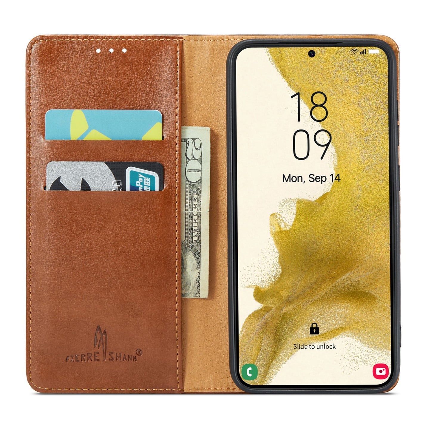 FIERRE SHANN For Samsung Galaxy S24 Case PU Leather Wallet Phone Guard Cover - Brown