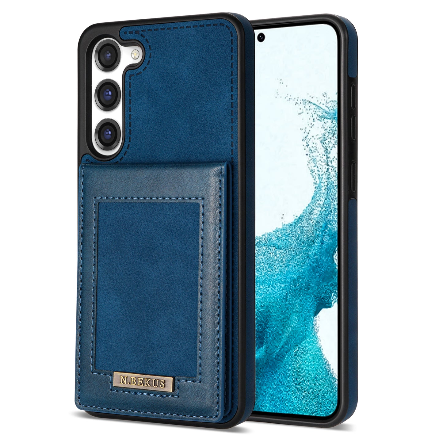 N.BEKUS For Samsung Galaxy S24+ RFID Blocking Design Cover Card Holder Kickstand Phone Case - Blue