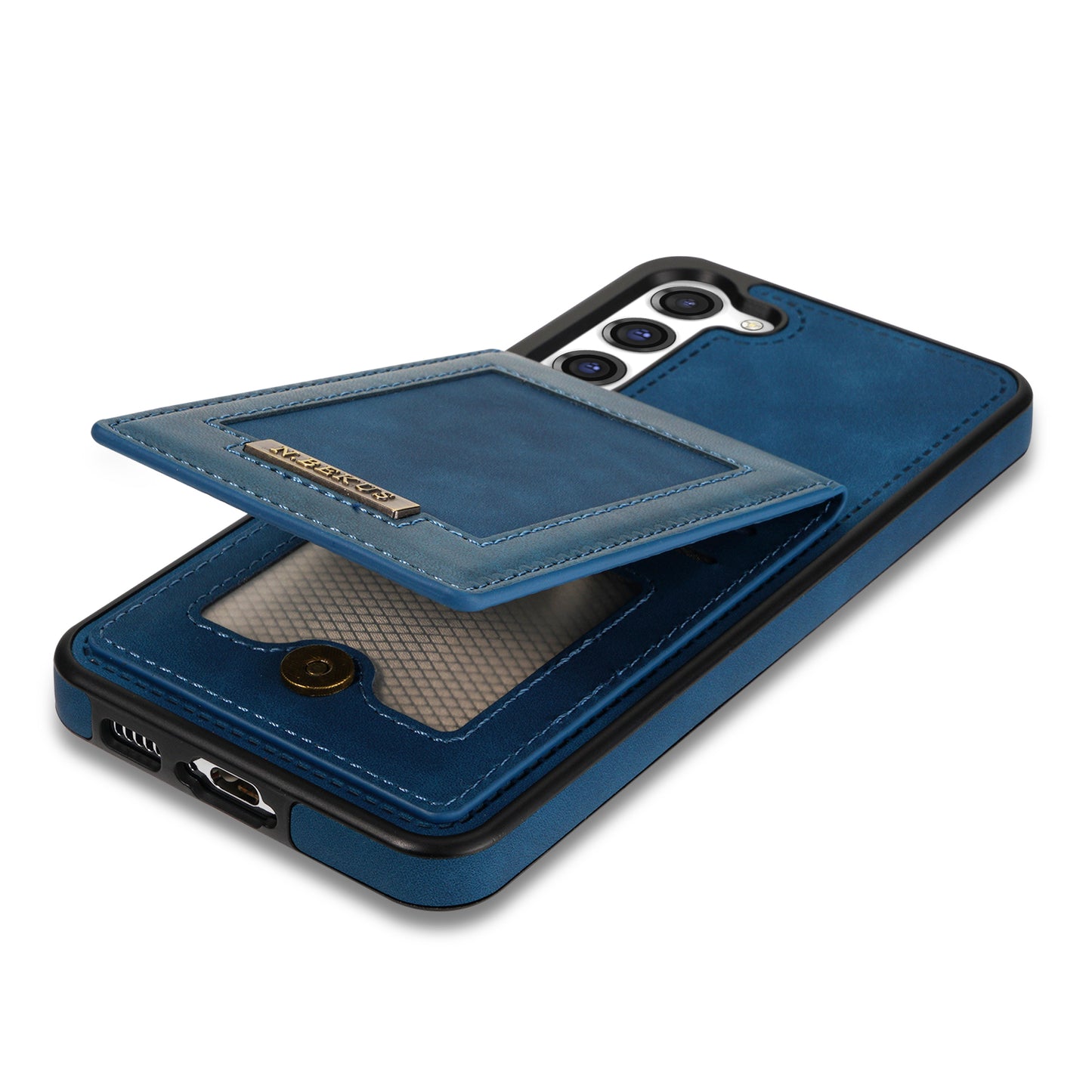 N.BEKUS For Samsung Galaxy S24+ RFID Blocking Design Cover Card Holder Kickstand Phone Case - Blue