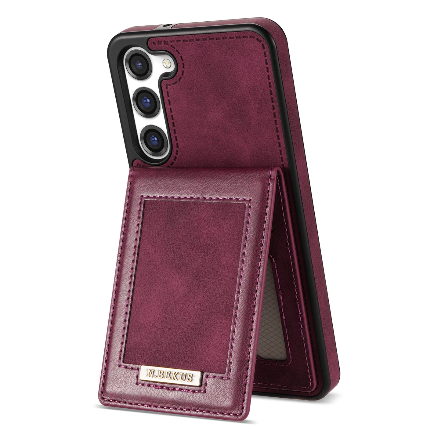 N.BEKUS For Samsung Galaxy S24+ RFID Blocking Design Cover Card Holder Kickstand Phone Case - Wine Red