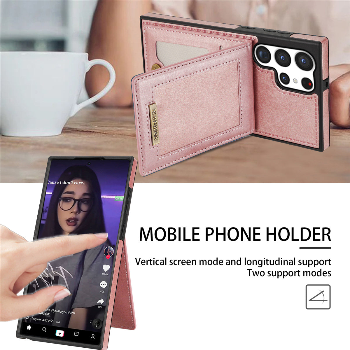 N.BEKUS For Samsung Galaxy S24 Ultra Kickstand Cover RFID Blocking Phone Case - Rose Gold