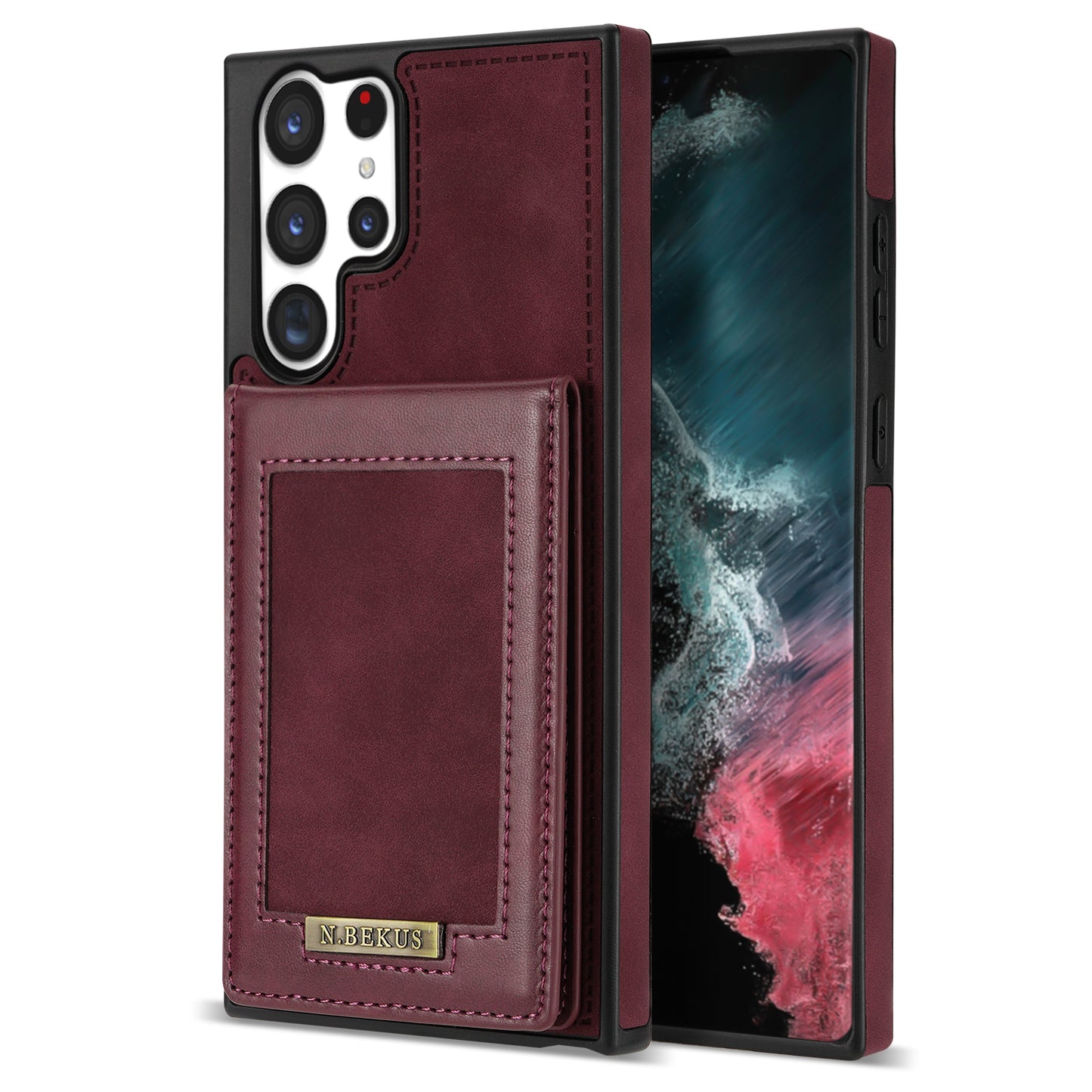 N.BEKUS For Samsung Galaxy S24 Ultra Kickstand Cover RFID Blocking Phone Case - Wine Red
