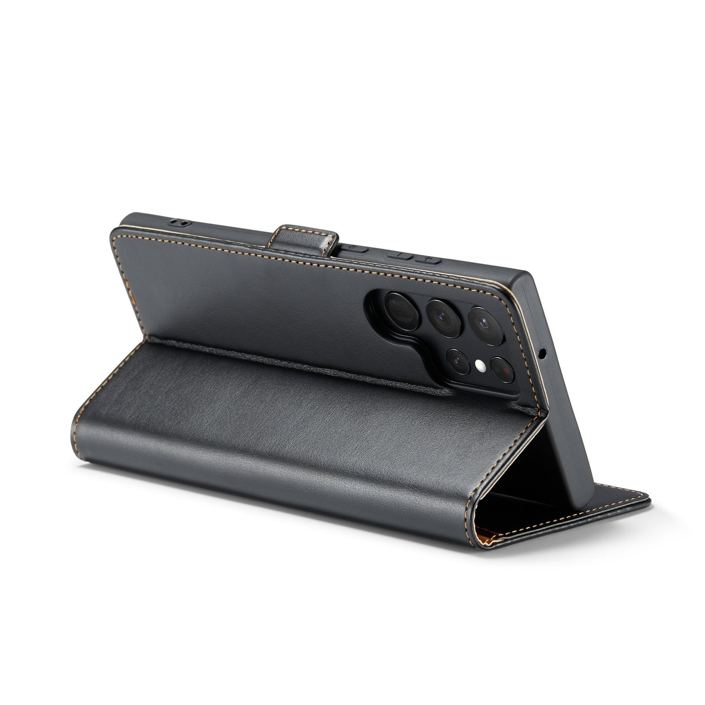 FIERRE SHANN For Samsung Galaxy S24 Ultra Case Anti-fall Leather Stand Wallet Protective Cover - Black