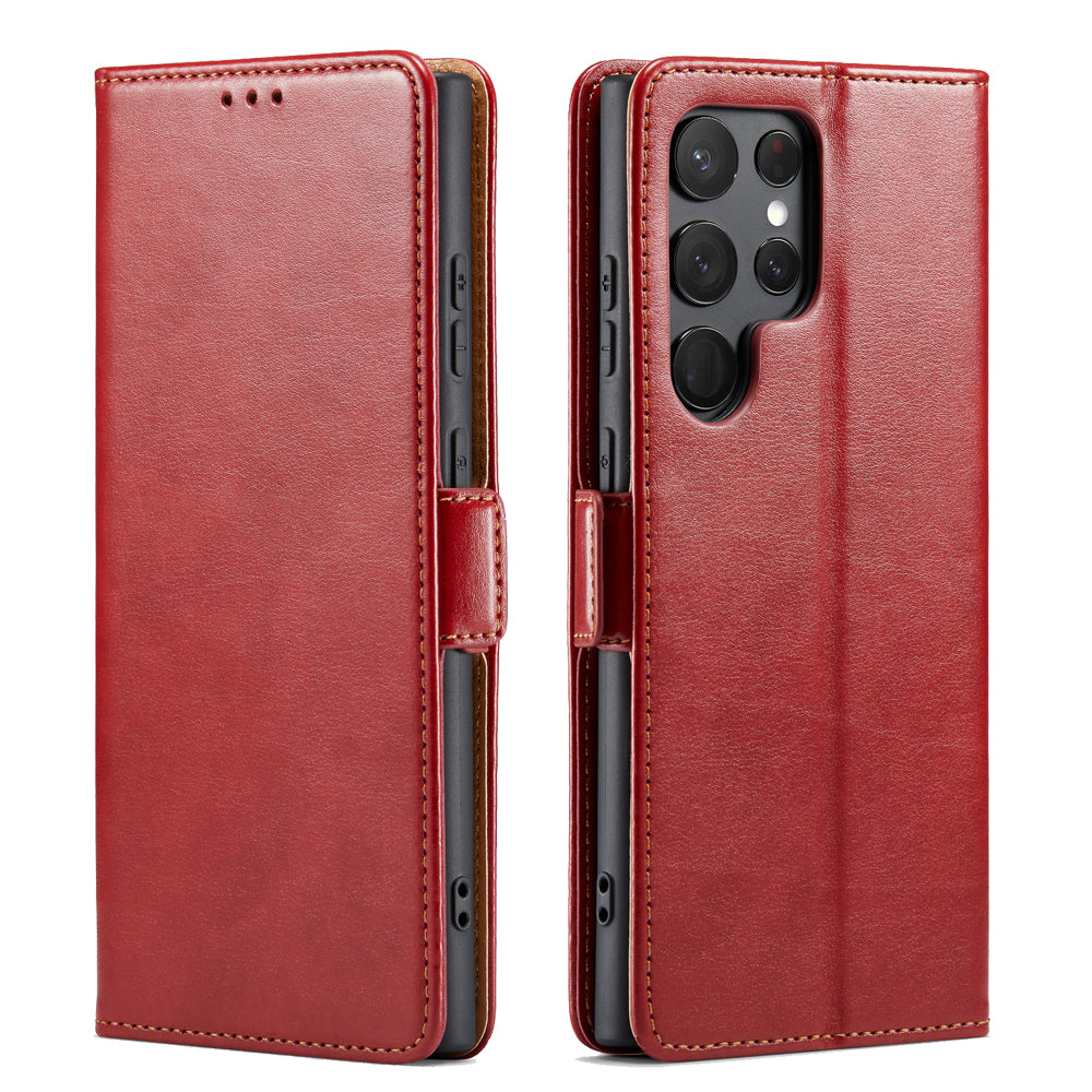 FIERRE SHANN For Samsung Galaxy S24 Ultra Case Anti-fall Leather Stand Wallet Protective Cover - Red