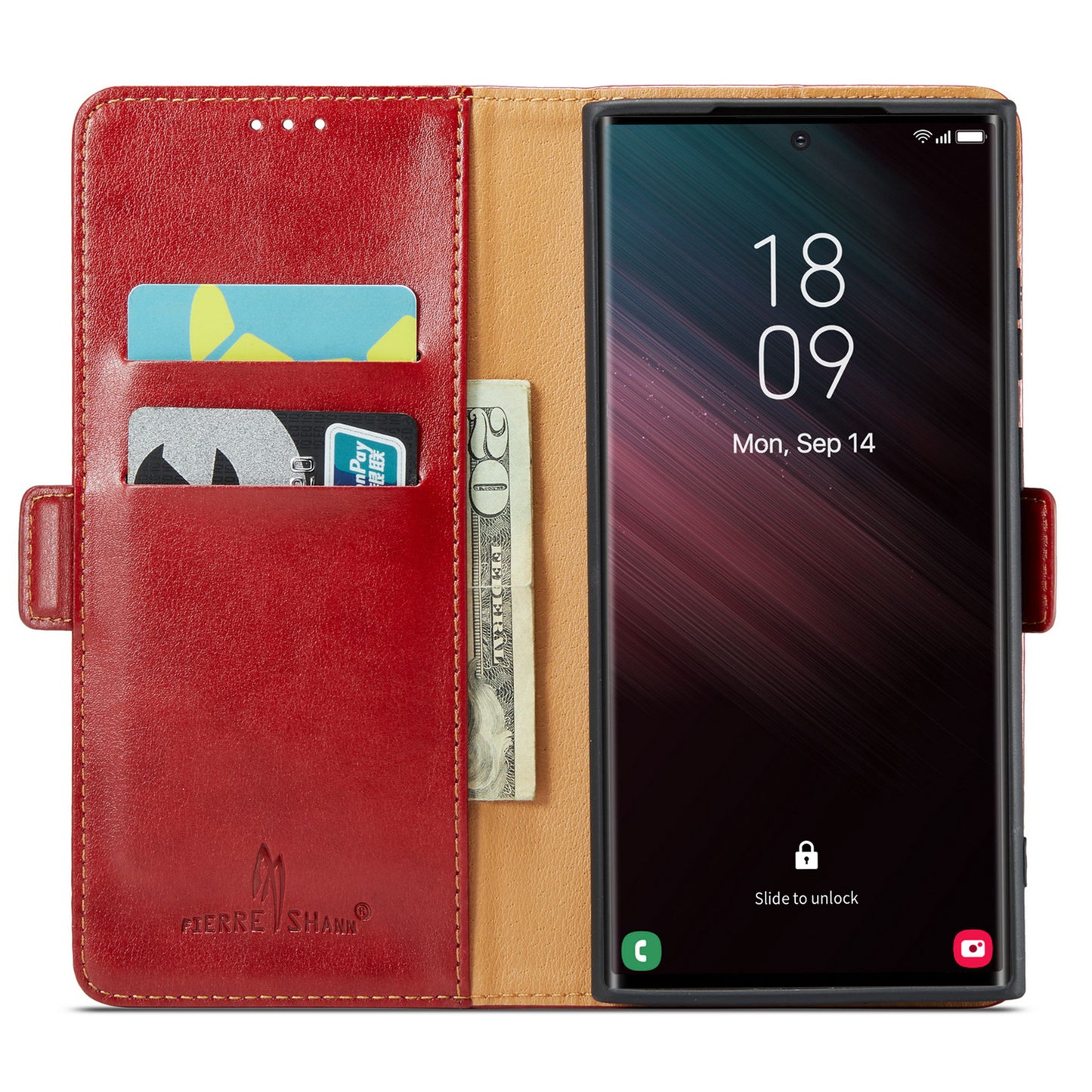 FIERRE SHANN For Samsung Galaxy S24 Ultra Case Anti-fall Leather Stand Wallet Protective Cover - Red