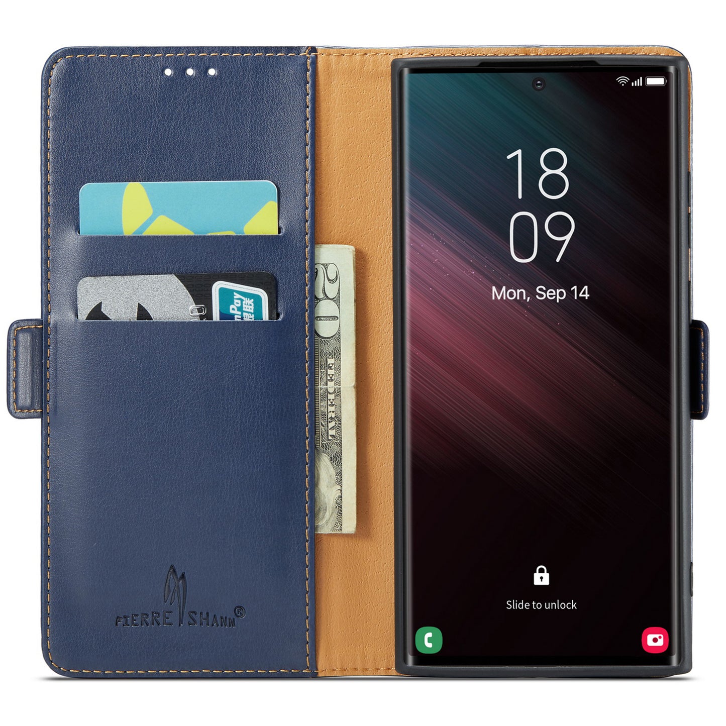 FIERRE SHANN For Samsung Galaxy S24 Ultra Case Anti-fall Leather Stand Wallet Protective Cover - Blue