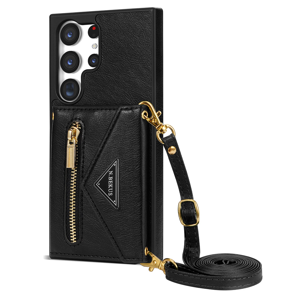 N.BEKUS For Samsung Galaxy S24 Ultra Phone Case Zipper Card Holder Cover with Shoulder Strap - Black