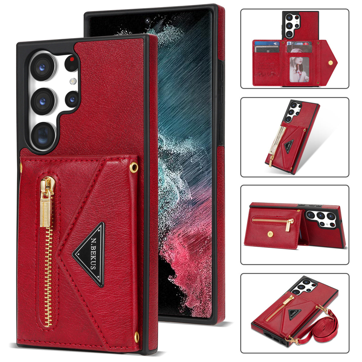 N.BEKUS For Samsung Galaxy S24 Ultra Phone Case Zipper Card Holder Cover with Shoulder Strap - Red