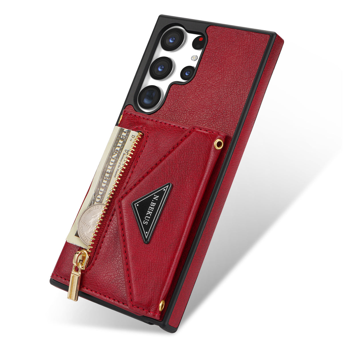 N.BEKUS For Samsung Galaxy S24 Ultra Phone Case Zipper Card Holder Cover with Shoulder Strap - Red