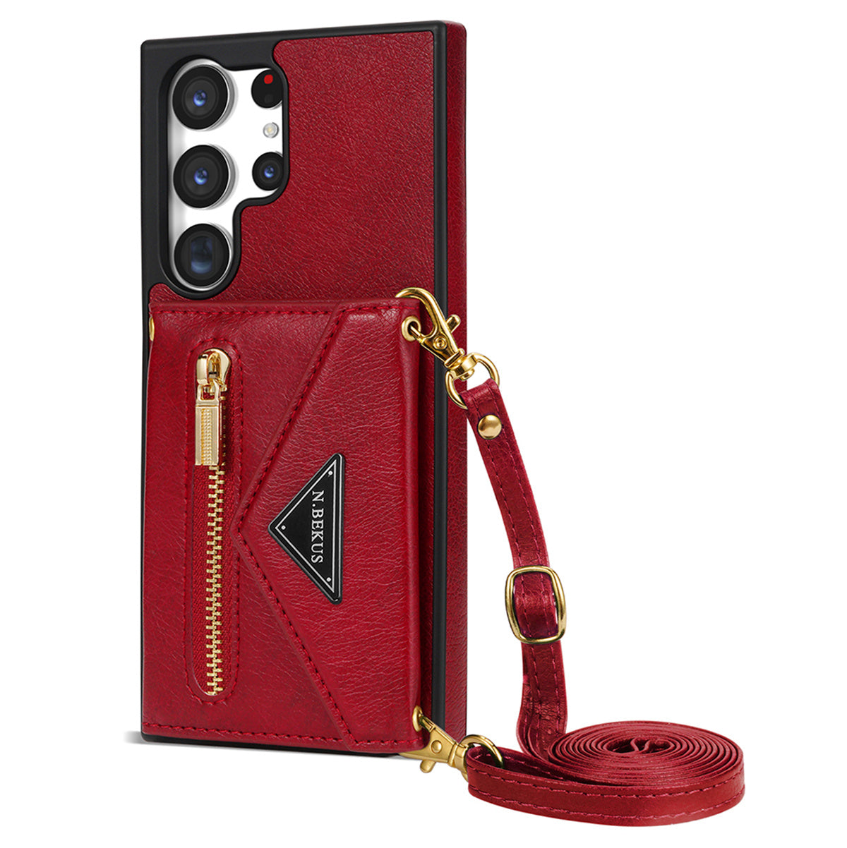 N.BEKUS For Samsung Galaxy S24 Ultra Phone Case Zipper Card Holder Cover with Shoulder Strap - Red
