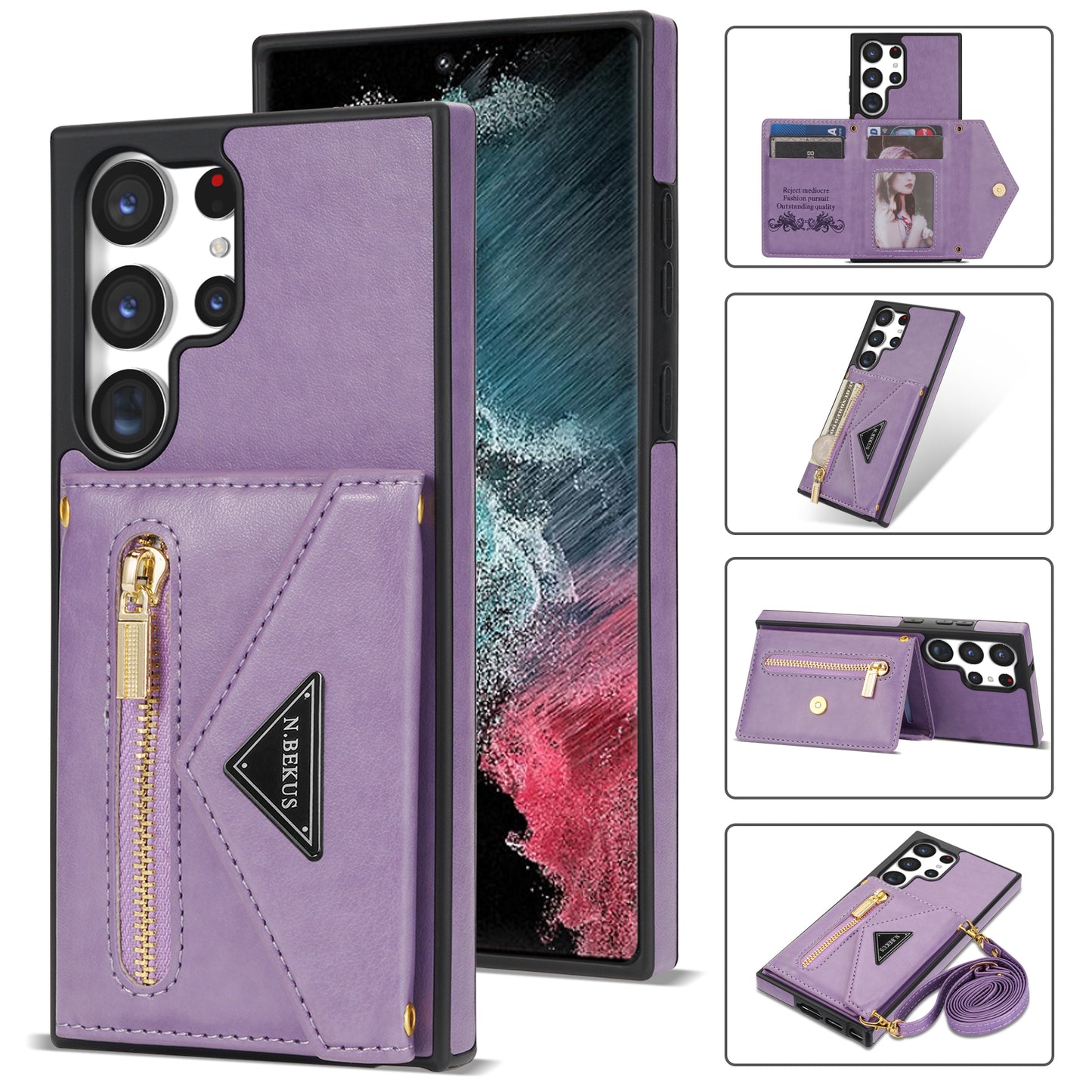N.BEKUS For Samsung Galaxy S24 Ultra Phone Case Zipper Card Holder Cover with Shoulder Strap - Purple