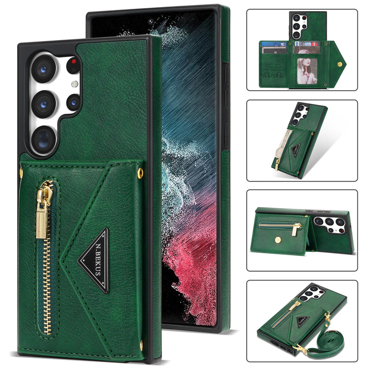 N.BEKUS For Samsung Galaxy S24 Ultra Phone Case Zipper Card Holder Cover with Shoulder Strap - Green