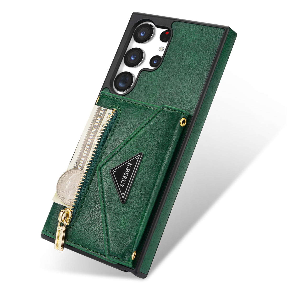 N.BEKUS For Samsung Galaxy S24 Ultra Phone Case Zipper Card Holder Cover with Shoulder Strap - Green