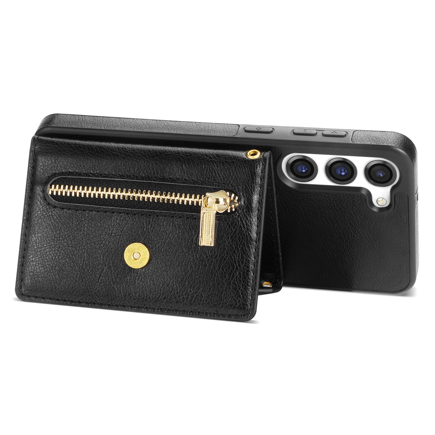 N.BEKUS For Samsung Galaxy S24 Zipper Phone Case Wallet Kickstand Cover with Shoulder Strap - Black