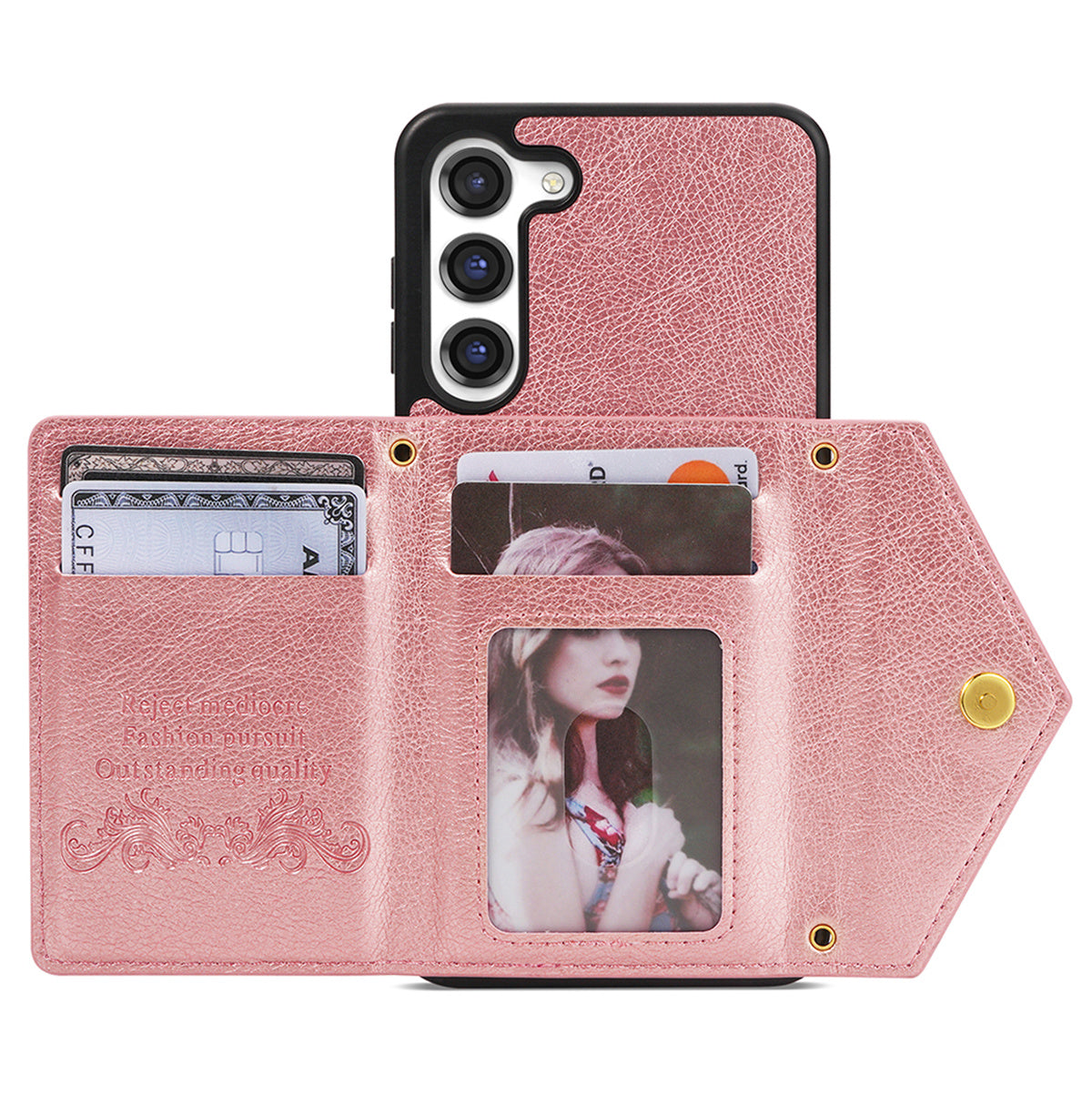 N.BEKUS For Samsung Galaxy S24 Zipper Phone Case Wallet Kickstand Cover with Shoulder Strap - Pink