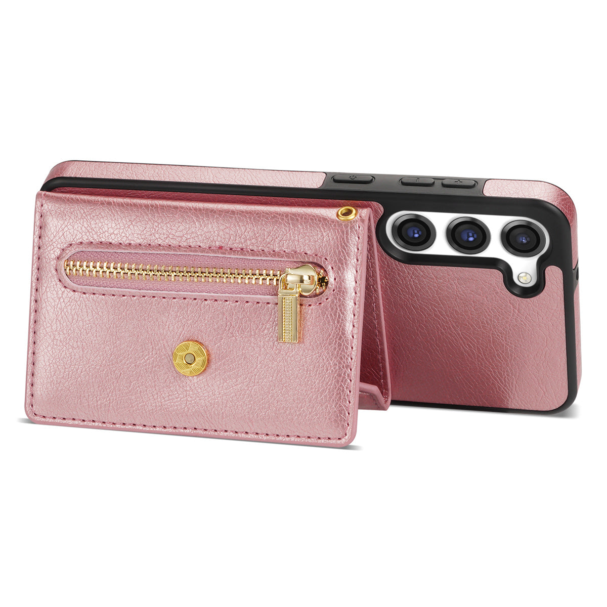 N.BEKUS For Samsung Galaxy S24 Zipper Phone Case Wallet Kickstand Cover with Shoulder Strap - Pink