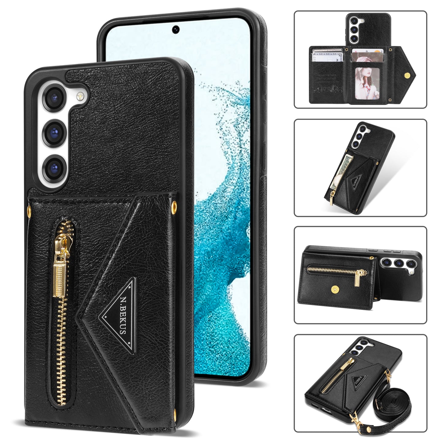 N.BEKUS For Samsung Galaxy S24+ Leather Zipper Case Card Holder Phone Cover with Shoulder Strap - Black