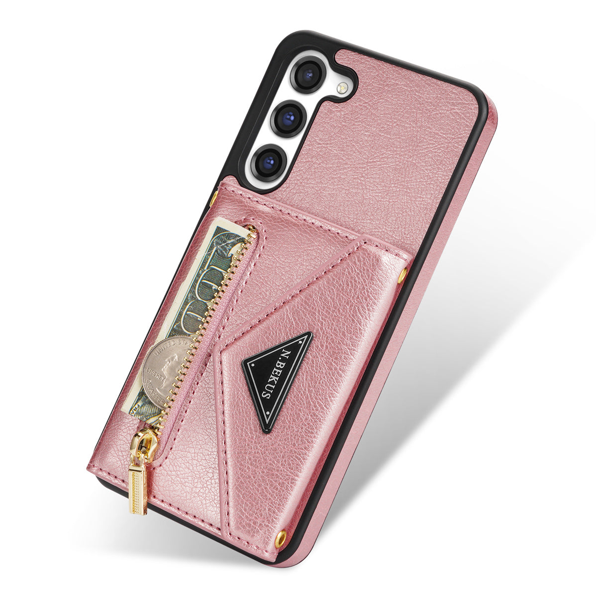 N.BEKUS For Samsung Galaxy S24+ Leather Zipper Case Card Holder Phone Cover with Shoulder Strap - Pink