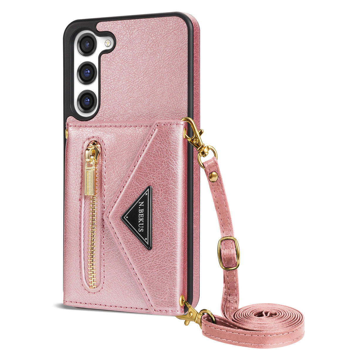 N.BEKUS For Samsung Galaxy S24+ Leather Zipper Case Card Holder Phone Cover with Shoulder Strap - Pink