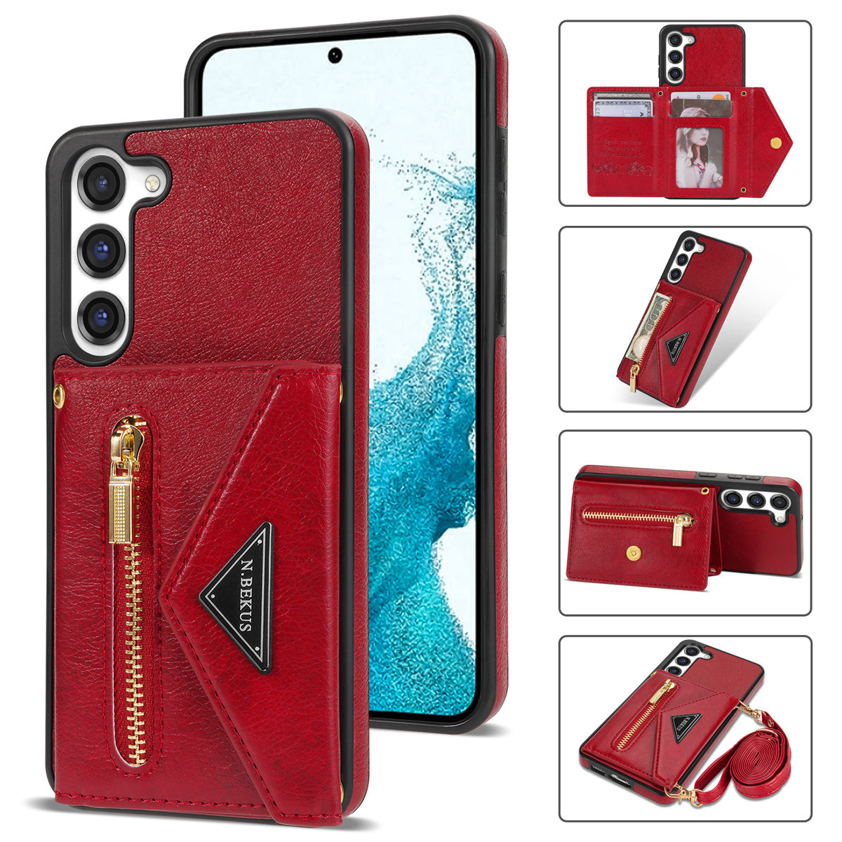 N.BEKUS For Samsung Galaxy S24+ Leather Zipper Case Card Holder Phone Cover with Shoulder Strap - Red
