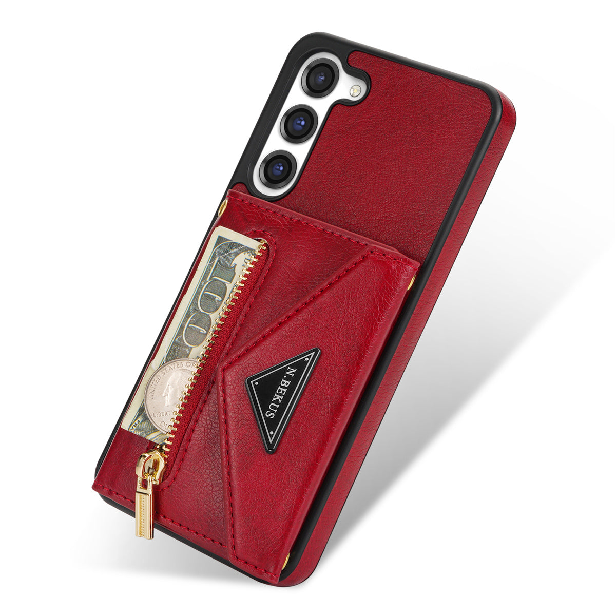 N.BEKUS For Samsung Galaxy S24+ Leather Zipper Case Card Holder Phone Cover with Shoulder Strap - Red