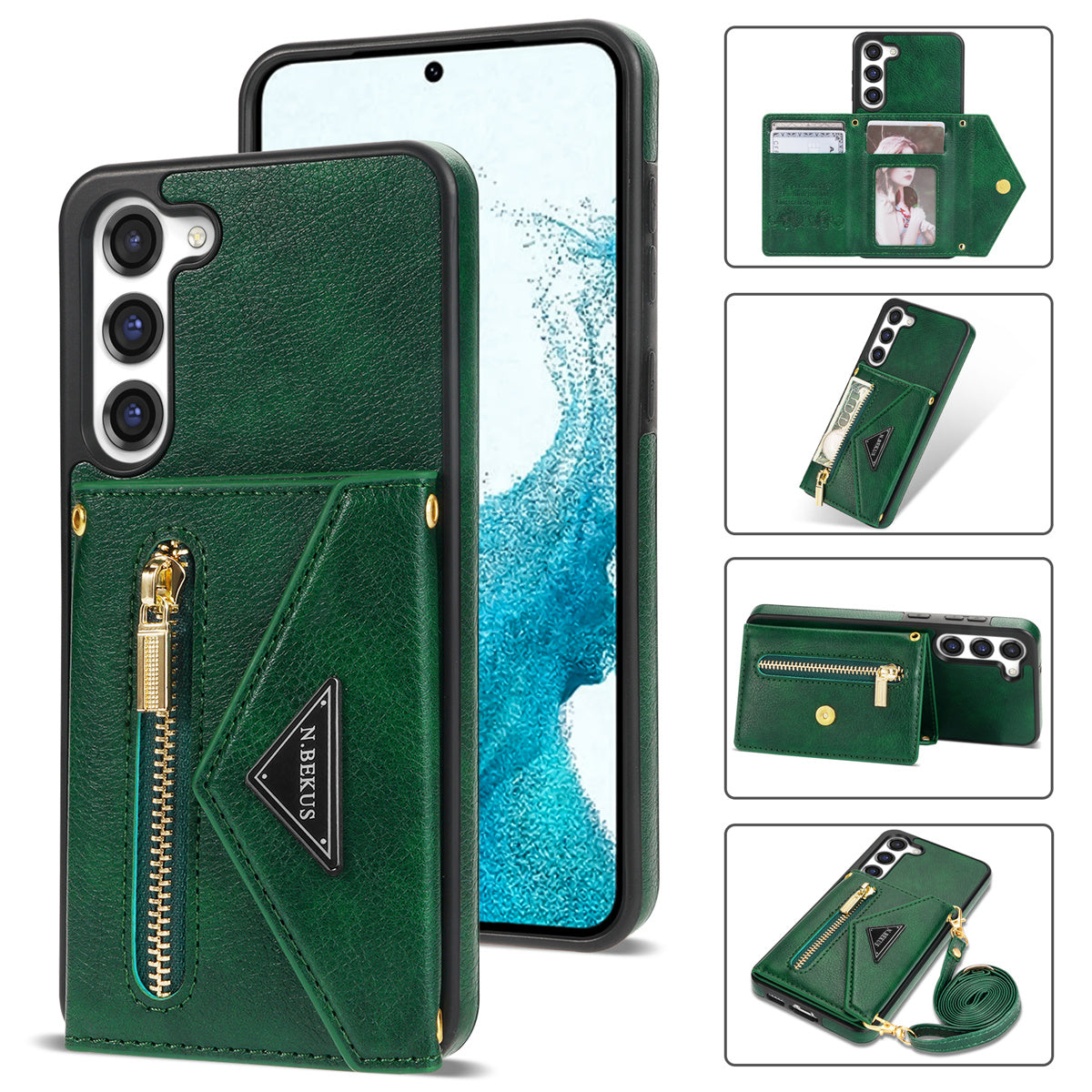 N.BEKUS For Samsung Galaxy S24+ Leather Zipper Case Card Holder Phone Cover with Shoulder Strap - Green