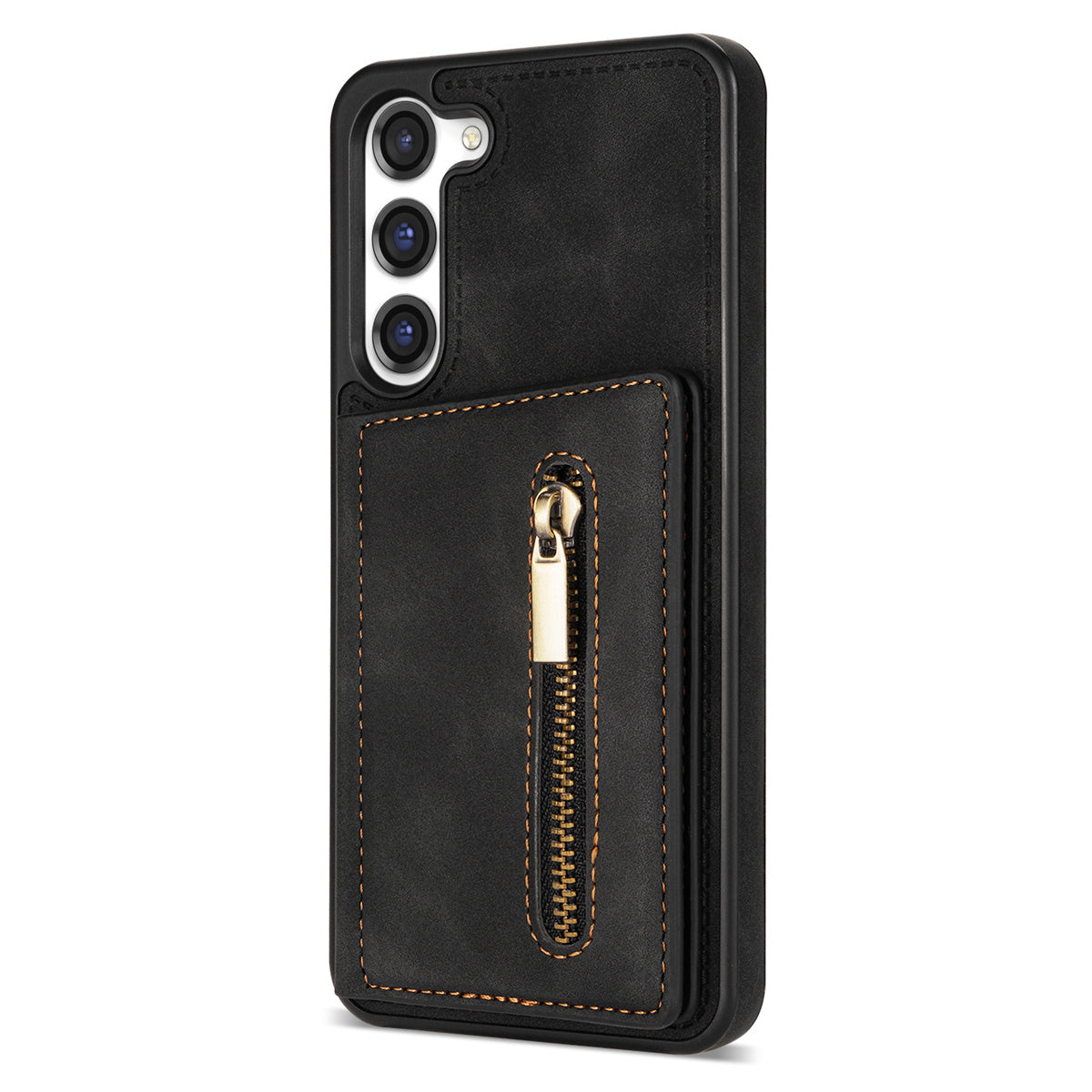 For Samsung Galaxy S24+ Cell Phone Case Zipper Pocket Wallet PU Leather Coated TPU Cover - Black
