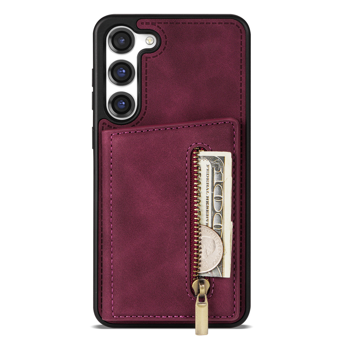 For Samsung Galaxy S24+ Cell Phone Case Zipper Pocket Wallet PU Leather Coated TPU Cover - Wine Red