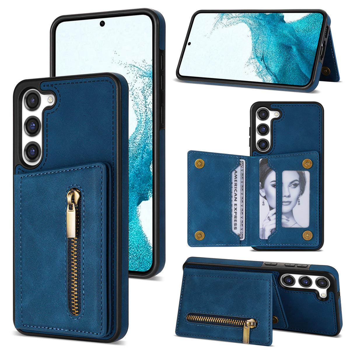 For Samsung Galaxy S24+ Cell Phone Case Zipper Pocket Wallet PU Leather Coated TPU Cover - Blue