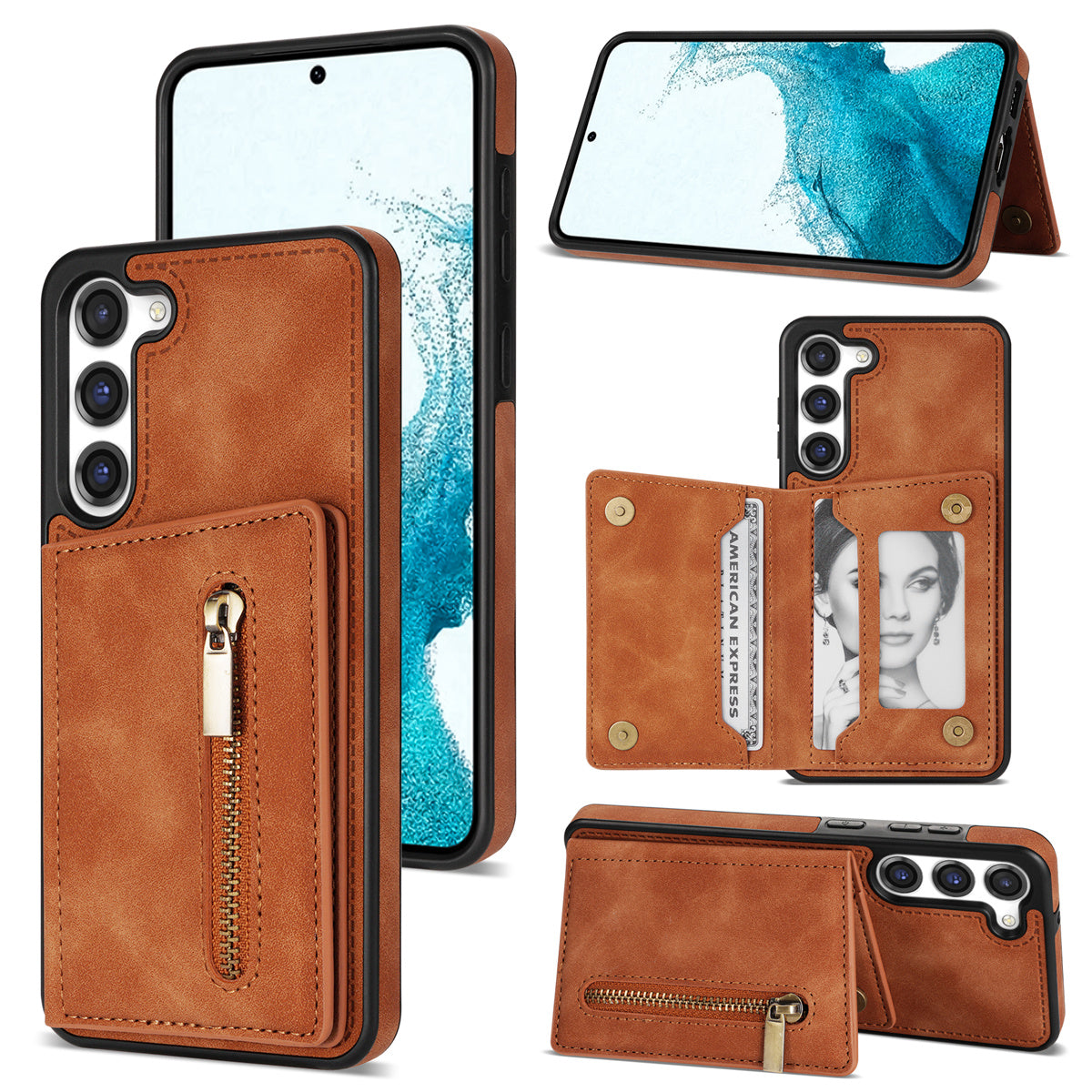 For Samsung Galaxy S24+ Cell Phone Case Zipper Pocket Wallet PU Leather Coated TPU Cover - Orange