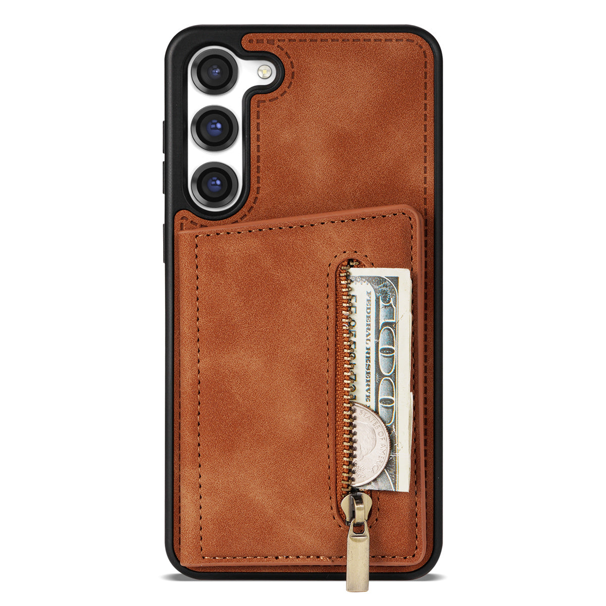 For Samsung Galaxy S24+ Cell Phone Case Zipper Pocket Wallet PU Leather Coated TPU Cover - Orange