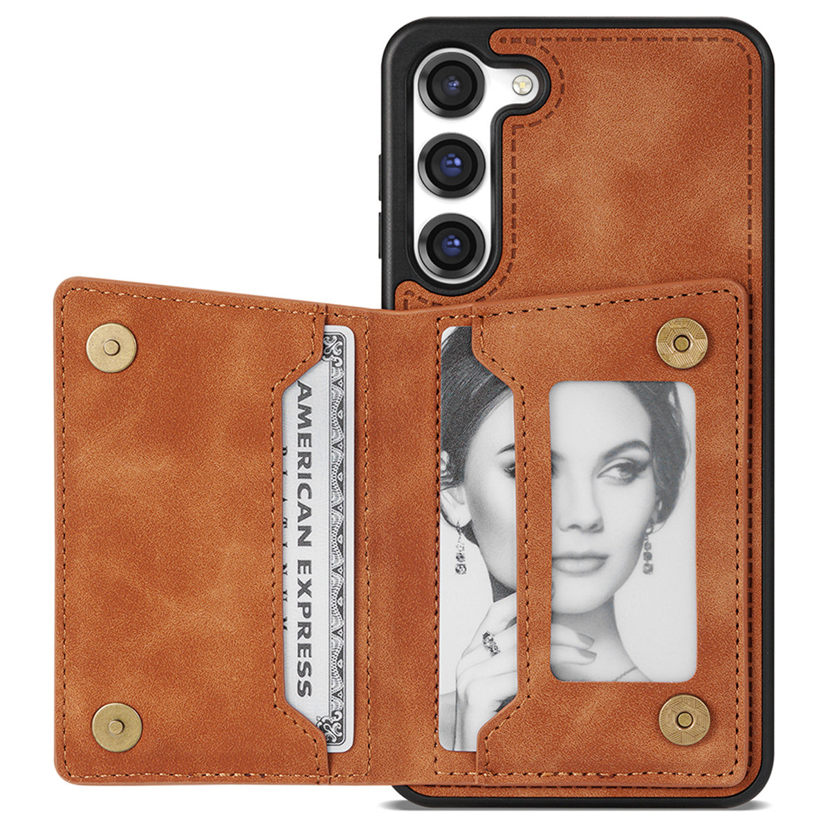 For Samsung Galaxy S24+ Cell Phone Case Zipper Pocket Wallet PU Leather Coated TPU Cover - Orange