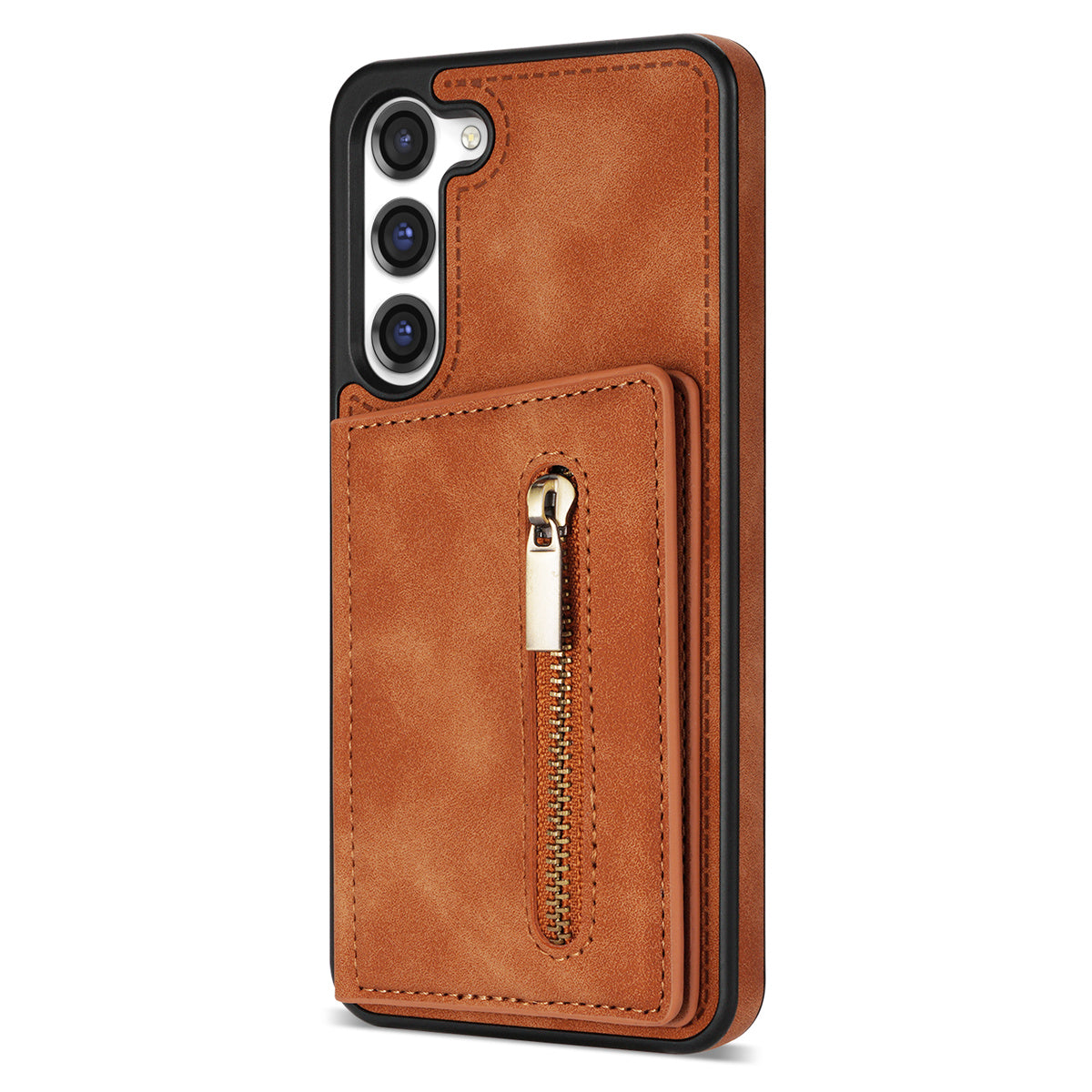 For Samsung Galaxy S24+ Cell Phone Case Zipper Pocket Wallet PU Leather Coated TPU Cover - Orange