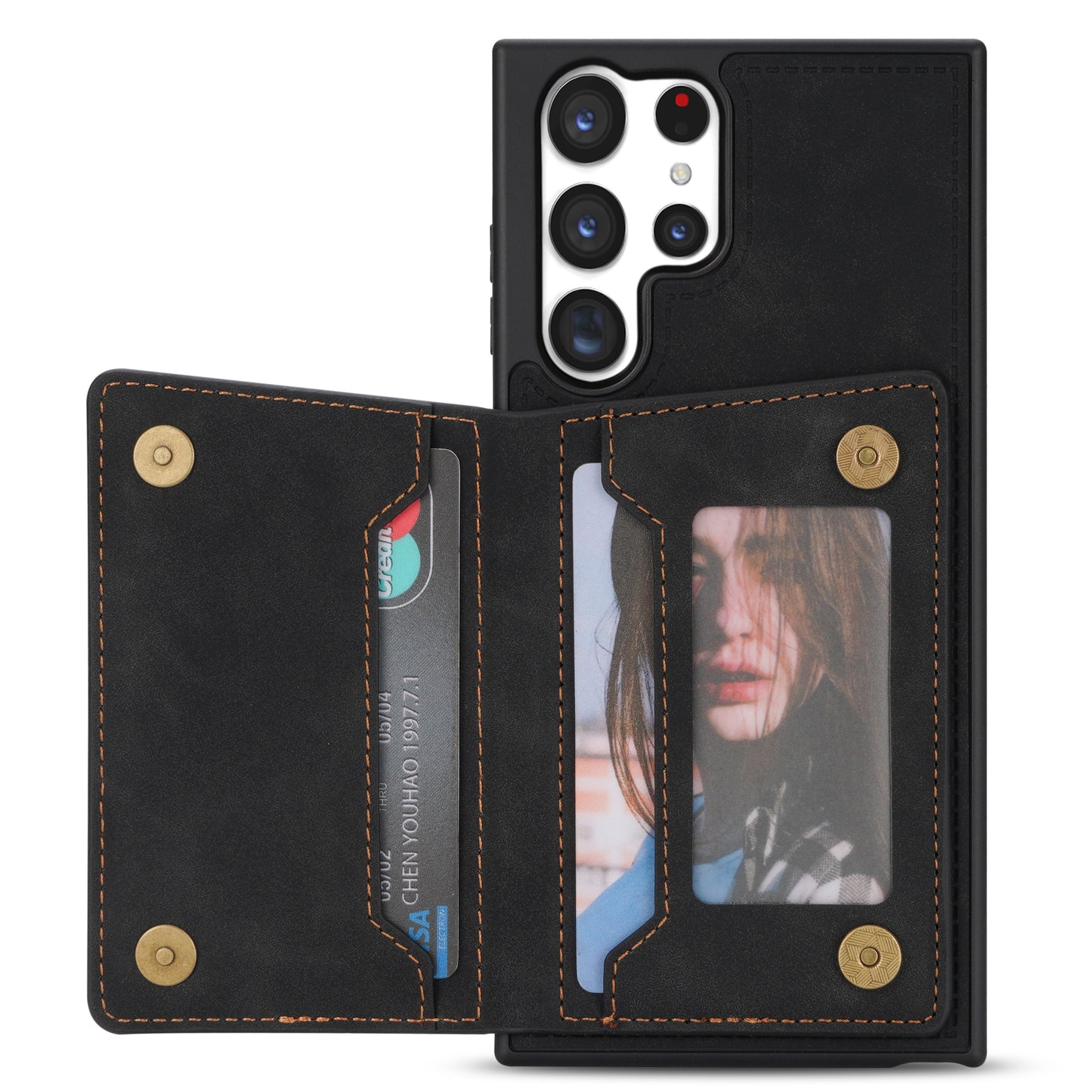 For Samsung Galaxy S24 Ultra Magnetic Phone Case PU Leather Coated TPU Wallet Cover - Black