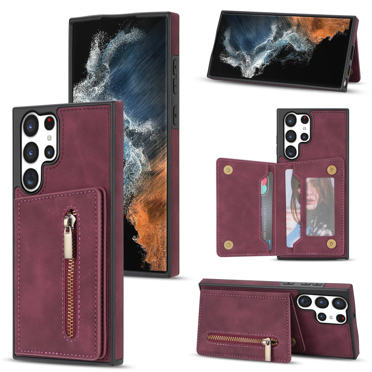 For Samsung Galaxy S24 Ultra Magnetic Phone Case PU Leather Coated TPU Wallet Cover - Wine Red