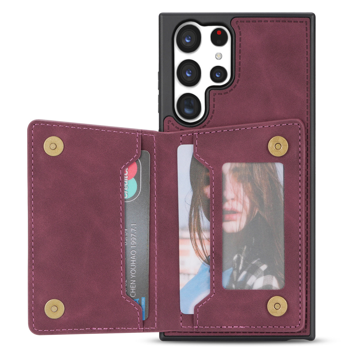 For Samsung Galaxy S24 Ultra Magnetic Phone Case PU Leather Coated TPU Wallet Cover - Wine Red