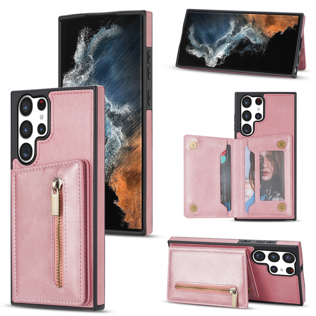 For Samsung Galaxy S24 Ultra Magnetic Phone Case PU Leather Coated TPU Wallet Cover - Rose Gold