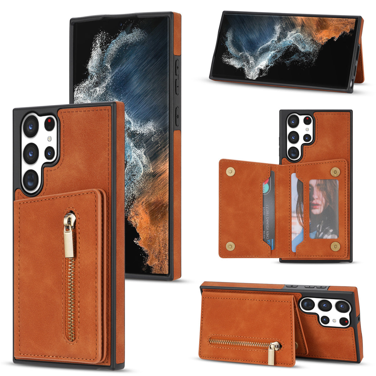 For Samsung Galaxy S24 Ultra Magnetic Phone Case PU Leather Coated TPU Wallet Cover - Orange