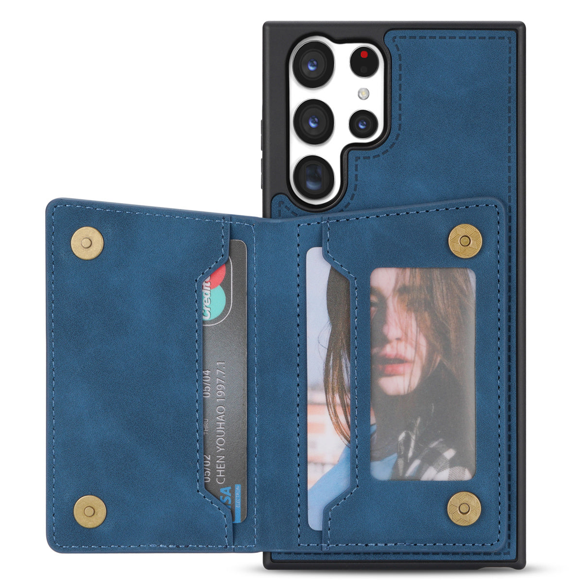 For Samsung Galaxy S24 Ultra Magnetic Phone Case PU Leather Coated TPU Wallet Cover - Blue