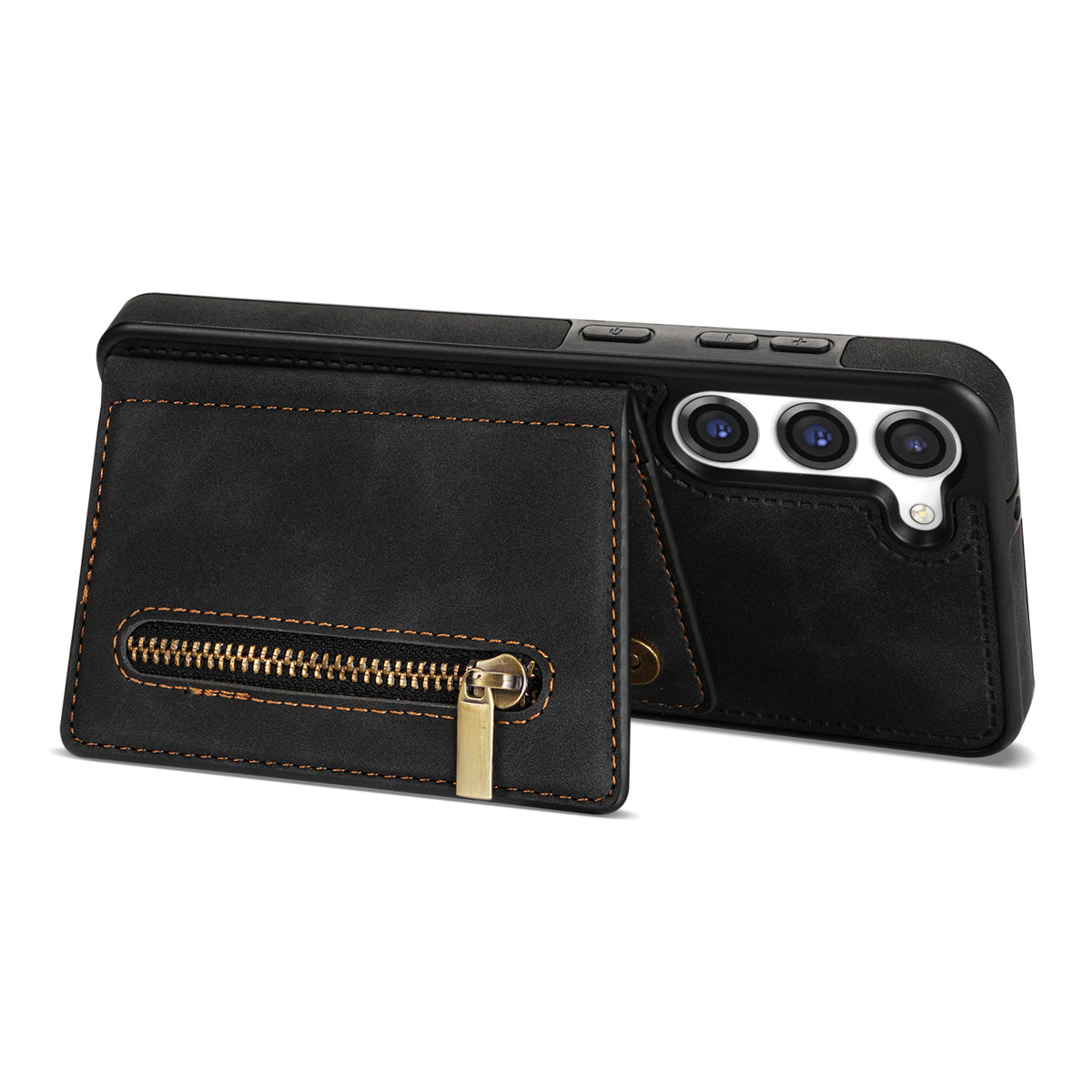 For Samsung Galaxy S24 Magnetic Case Zipper Pocket Wallet Kickstand Phone Guard Cover - Black