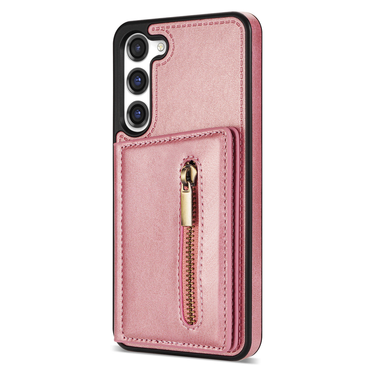 For Samsung Galaxy S24 Magnetic Case Zipper Pocket Wallet Kickstand Phone Guard Cover - Rose Gold